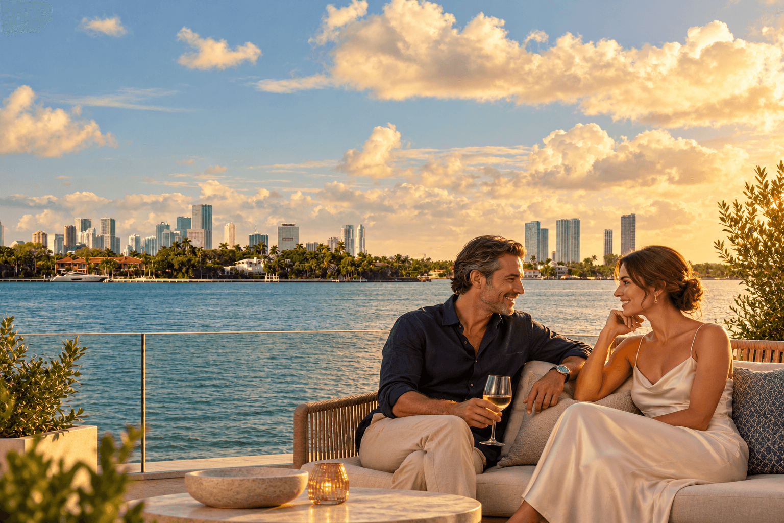 Campaign illustration of a couple beside Biscayne Bay, with Miami’s skyline beyond the water